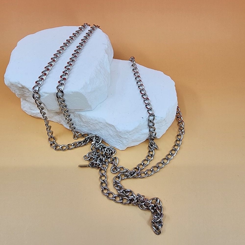 Monet Silver Tone Extra Long Multi Strand Curb Chain Necklace Layering Vintage